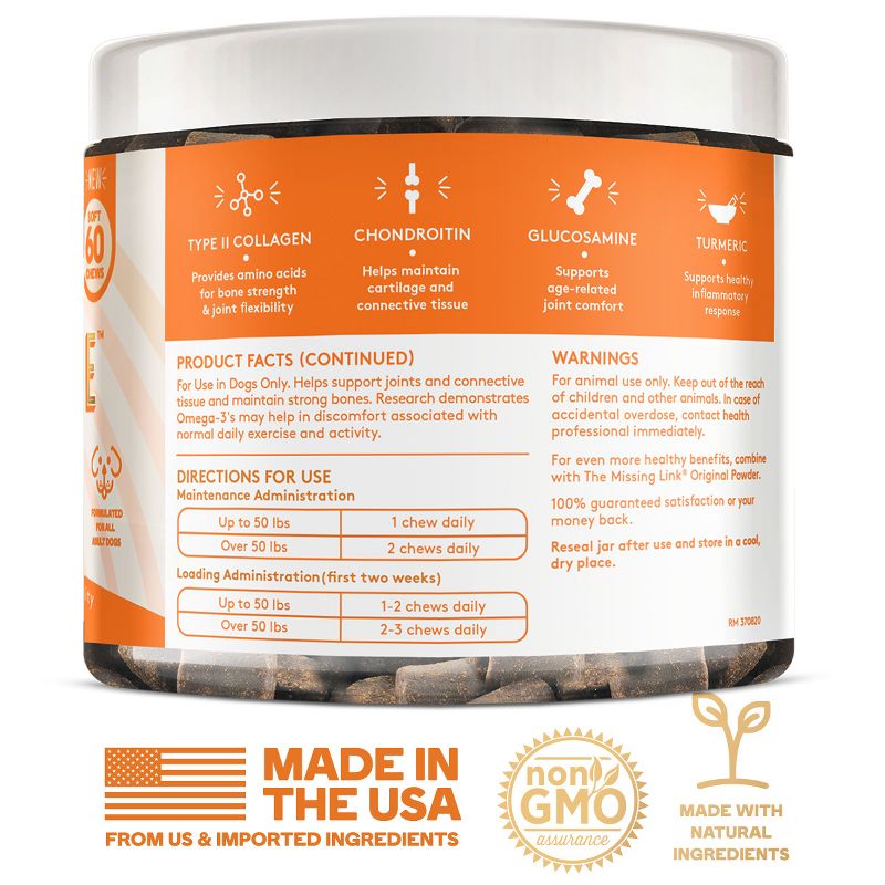 The Missing Link Collagen CareTM Hips & Joint, Promote Health Hips and Mobility, Soft Chew Supplements for Adult Dogs, 60 Count