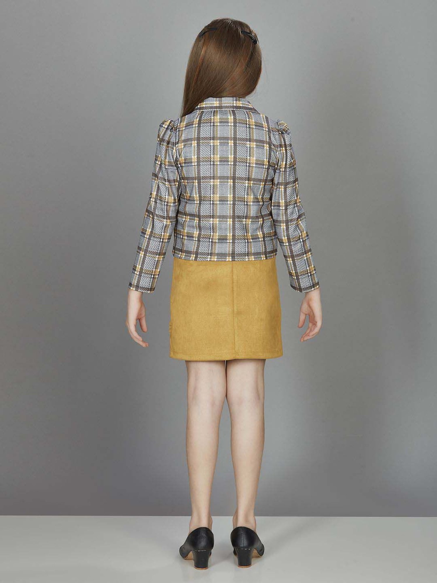 Peppermint Girls Mustard & Grey Checks Full Sleeves Dress Set