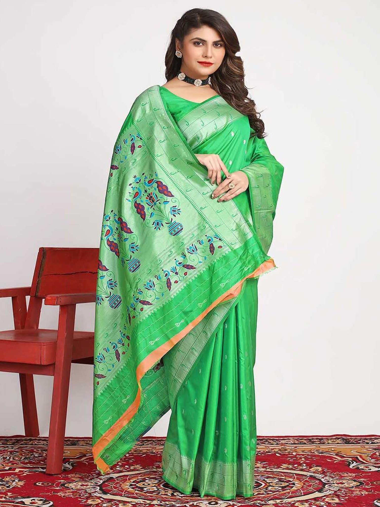 SHUBHKALA Green Silk Woven Saree With Unstitched Blouse
