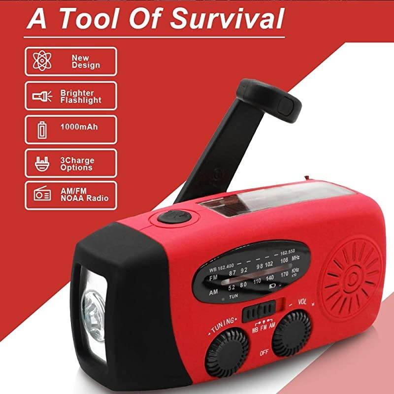 Portable Solar Emergency Weather Radio Hand Crank AM/FM NOAA Survival Radios with LED Flashlight 1000mAh Power Bank for Smart Phone for Home Outdoor Camping Traveling Earthquake (083)