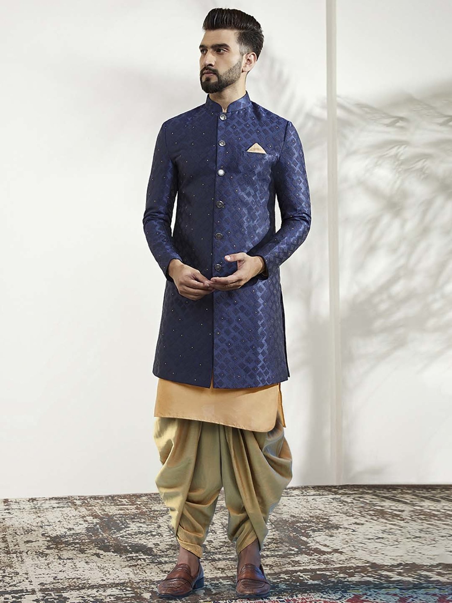 KISAH Blue & Beige Regular Fit Self Design Sherwani Set