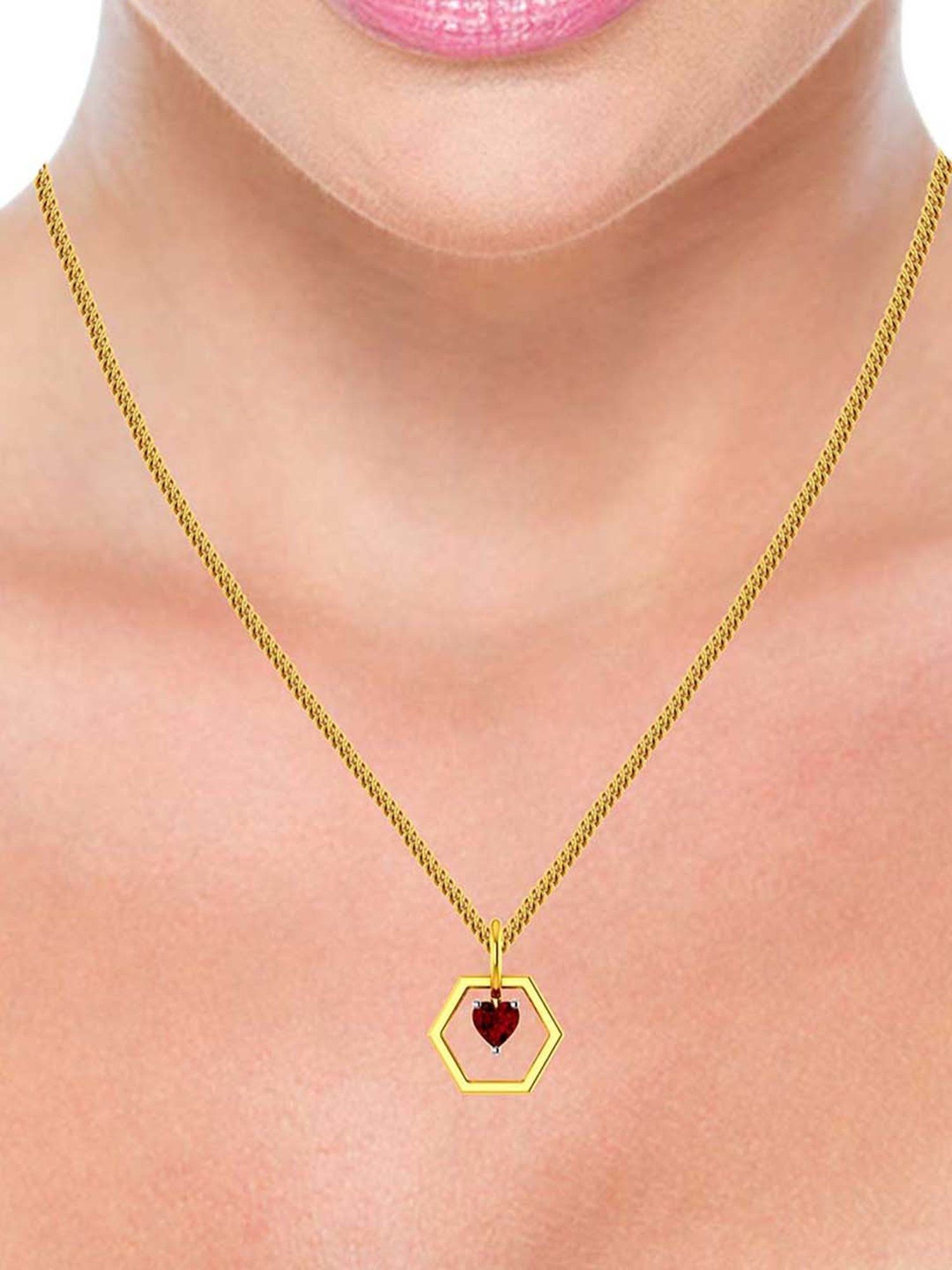 P.C. Chandra Jewellers 22k Gold Hexagon Pendant with A Red Heart Shaped Stone for Women & Girls