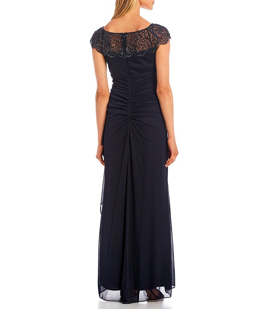 Xscape Embroidered Boat Neck Cap Sleeve Side Rouch Mesh Gown