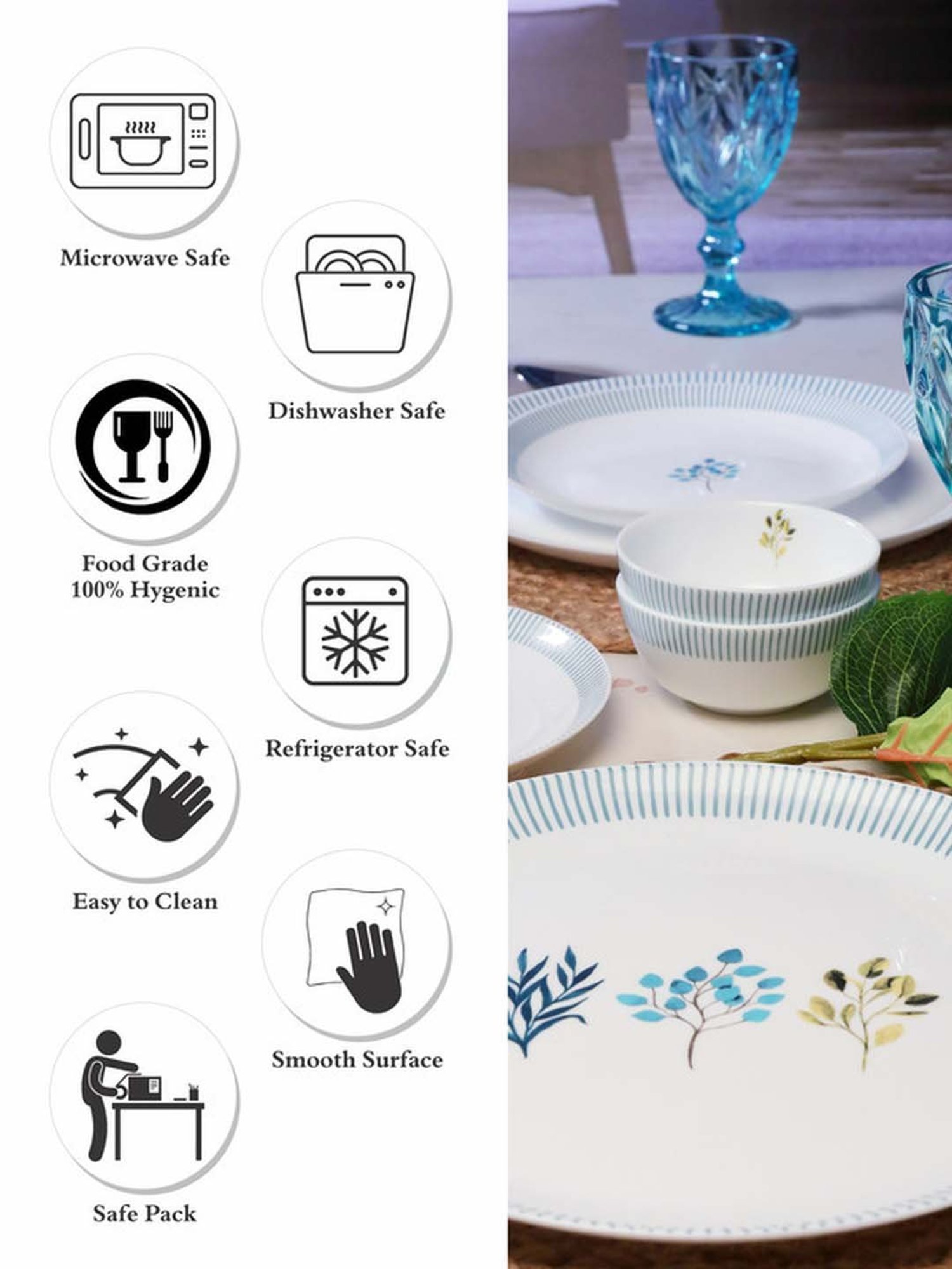 Goodhomes White & Green Opalware Dinner Set (Set of 4pcs Dinner & 4pcs Quarter Plate, 8pcs Veg Bowl)