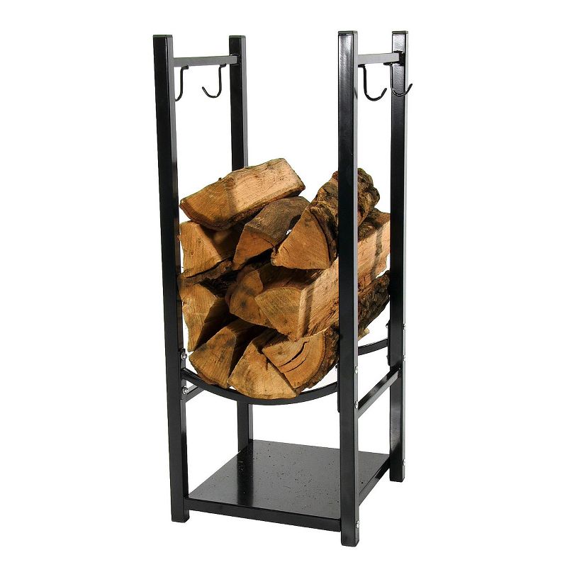 Sunnydaze Indoor/Outdoor Steel Fire Pit or Fireplace Firewood Log Rack Holder with Hooks - 32" - Black