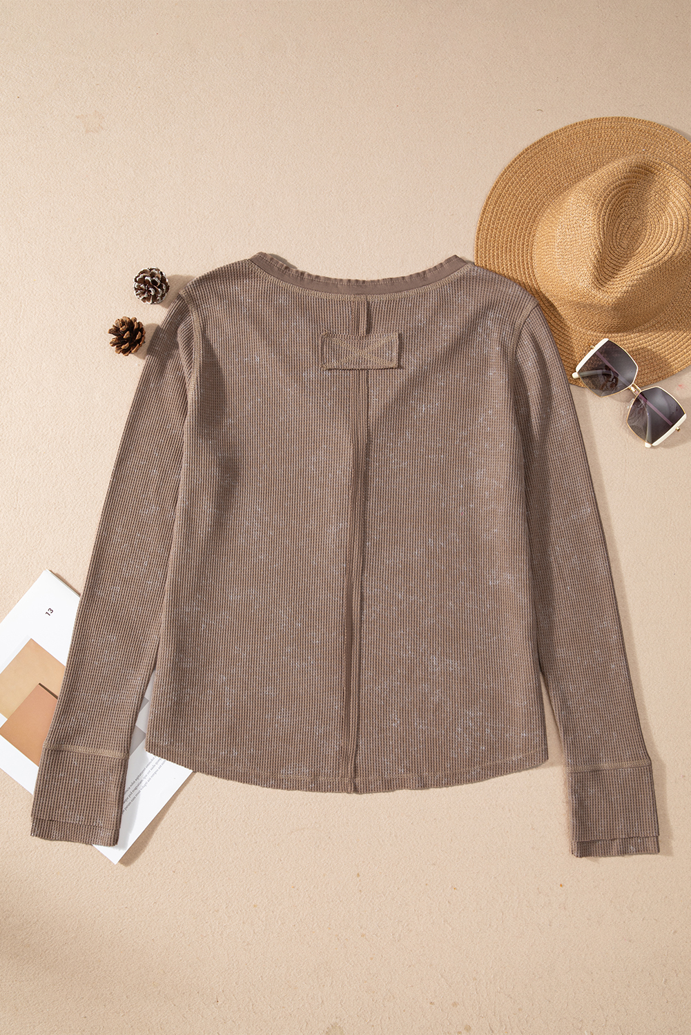 Coffee Button V Neck Waffle Knit Top