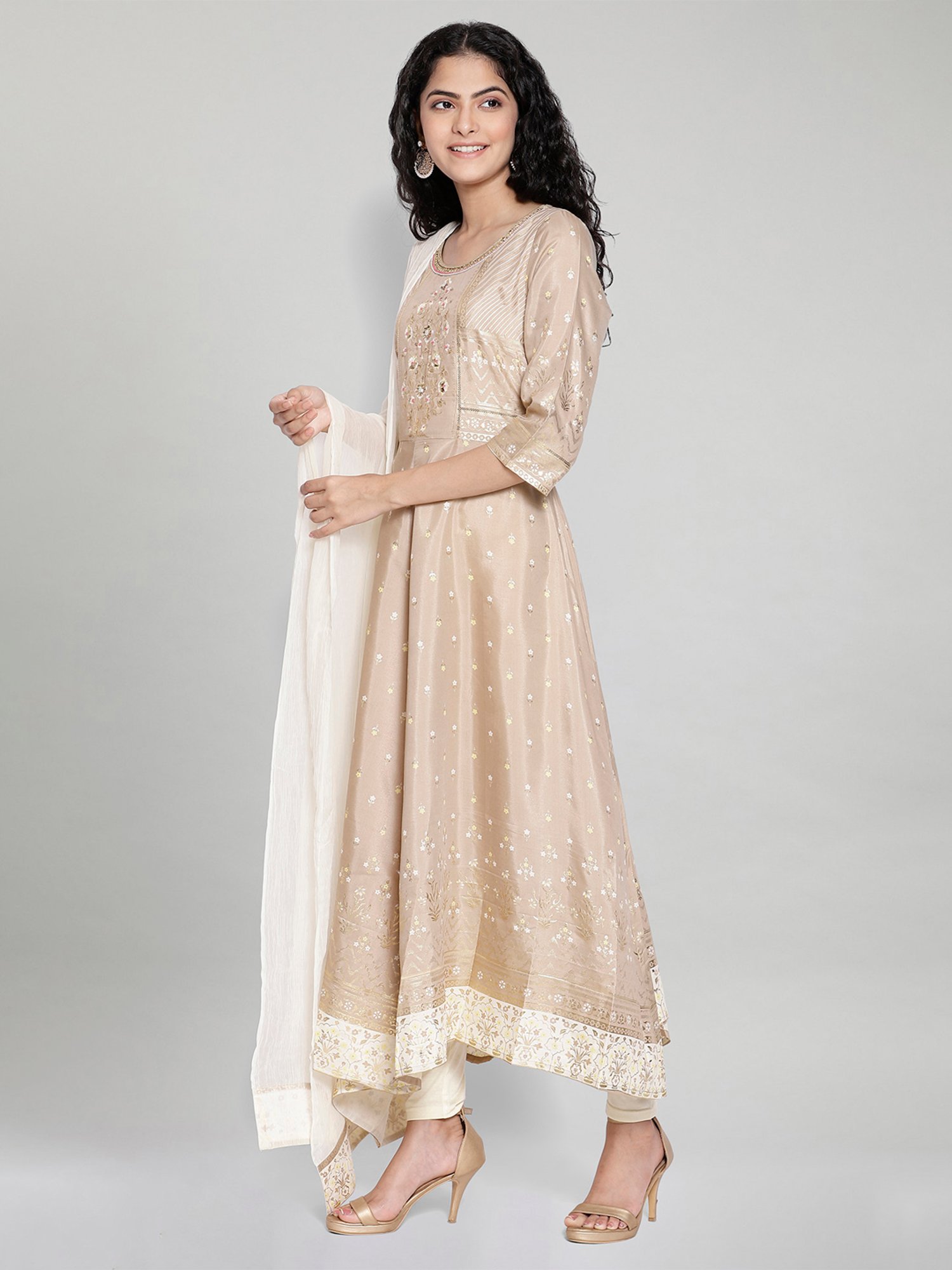 Aurelia Beige Printed Kurta & Tight With Dupatta