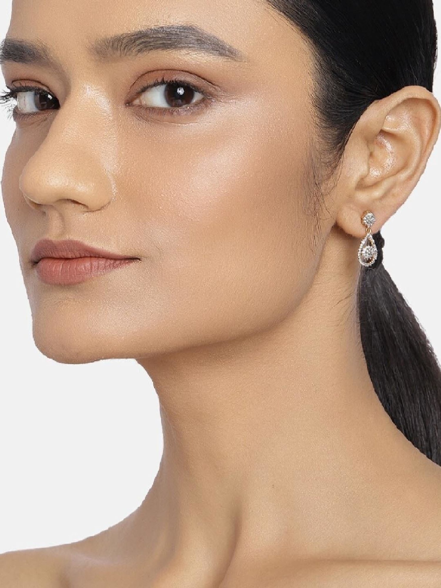 Estele Gold & Rhodium-Plated CZ Floral Motif Drop Earrings for Women