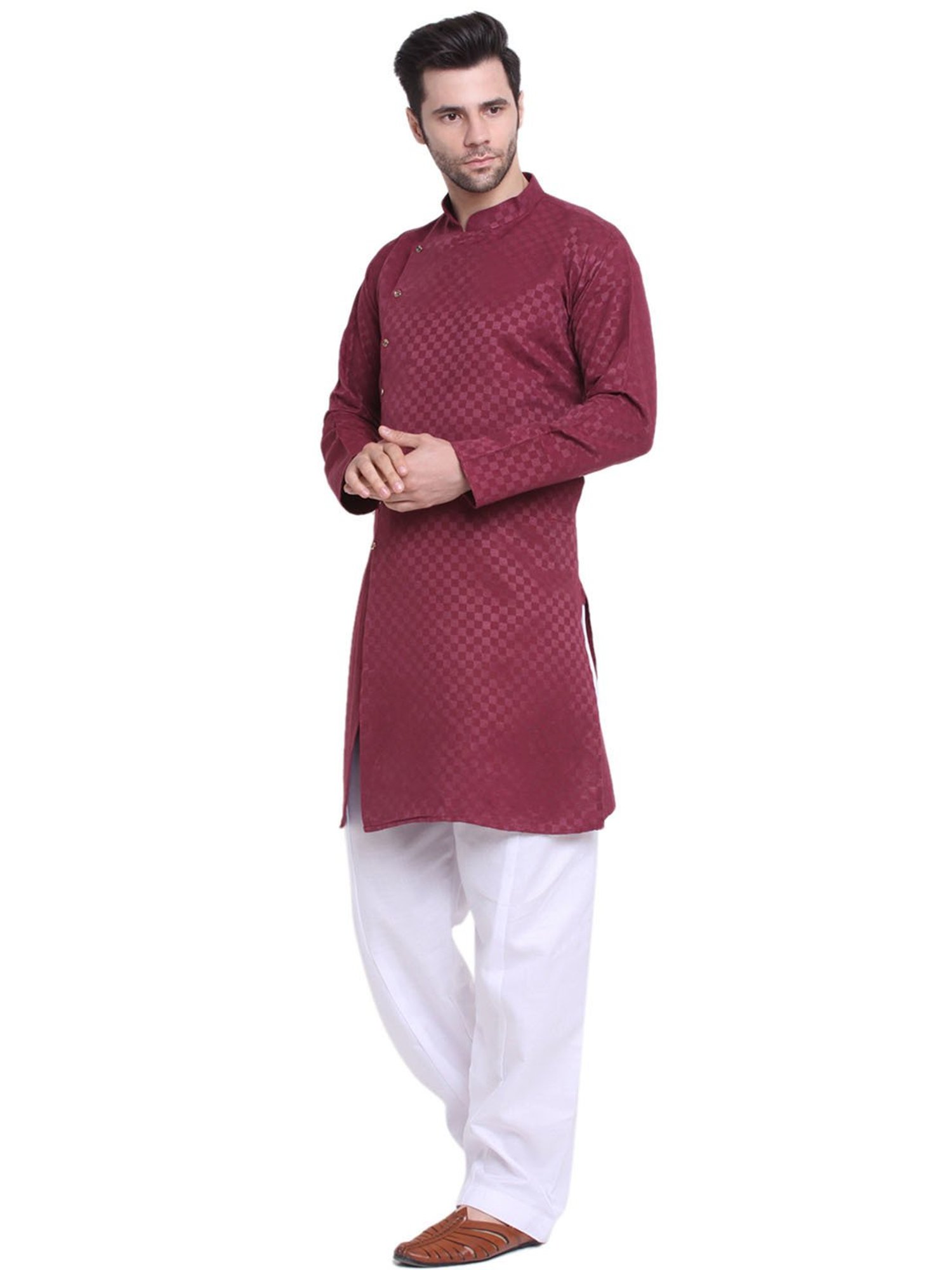 Benstoke Maroon & White Regular Fit Geometric Print Angrakha Kurta & Pyjamas Set