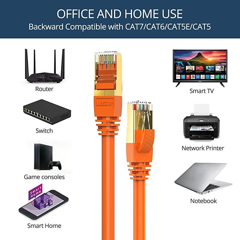 50FT CAT8 Ethernet Cable  40Gbps 2000Mhz High Speed Gigabit SFTP LAN Network Internet Cables with RJ45 Gold Plated Connector for Router, Modem, Gaming, Xbox(1 Pack,Orange)