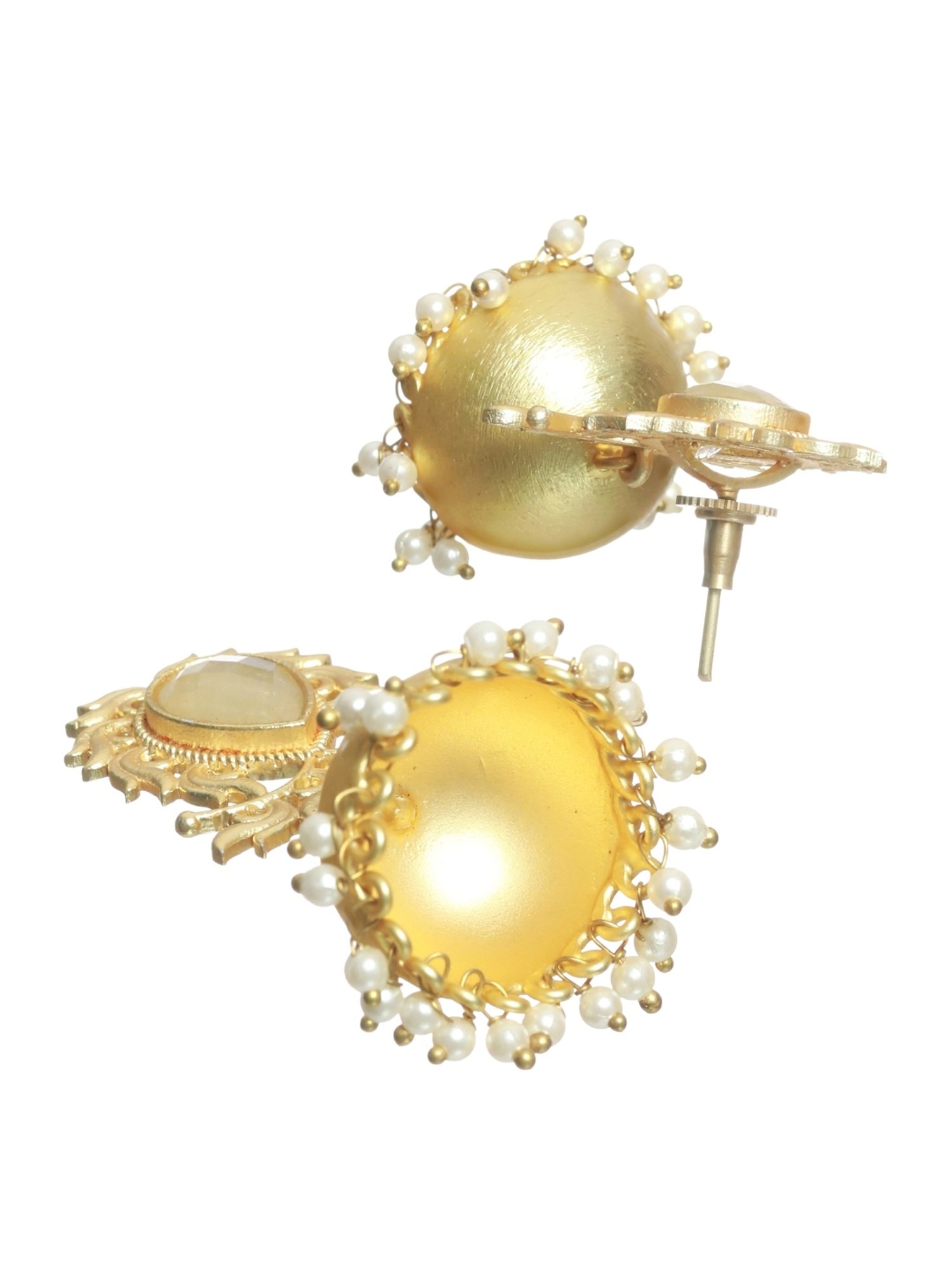 Aatmana Gold-Plated & Yellow stone studded Dome-Shaped White Beaded Jhumki Earrings