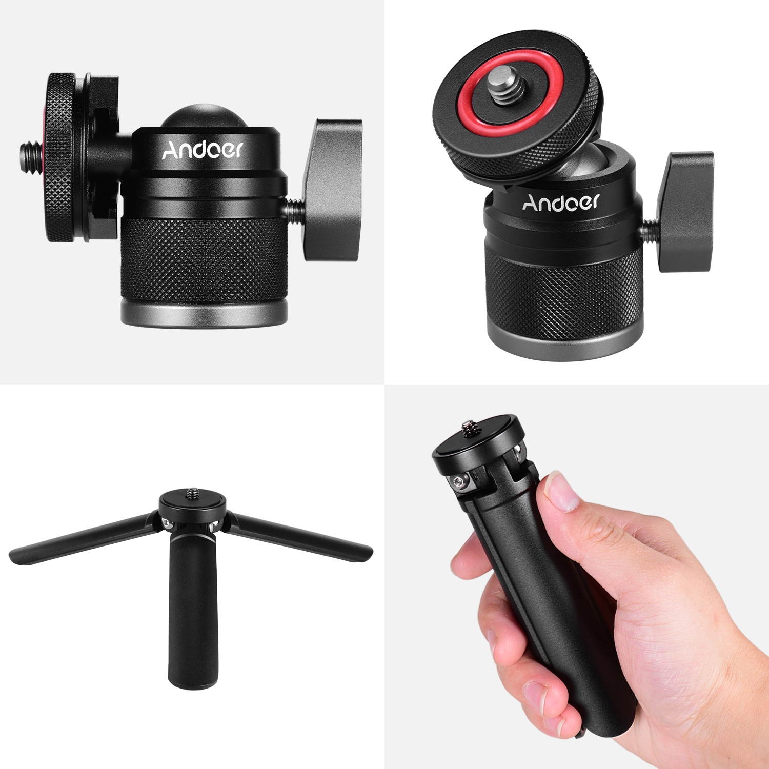 Andoer Mini Cold Shoe Ball Head Tripod with 1/4 Screw and Cold Shoe Dual Use Aluminum Alloy Compatible with DSLR SLR Action Camera Flash Light Phone Holder
