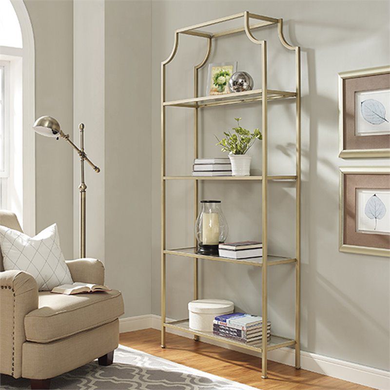 Metal Glass Bookcase in Antique Gold - Pemberly Row