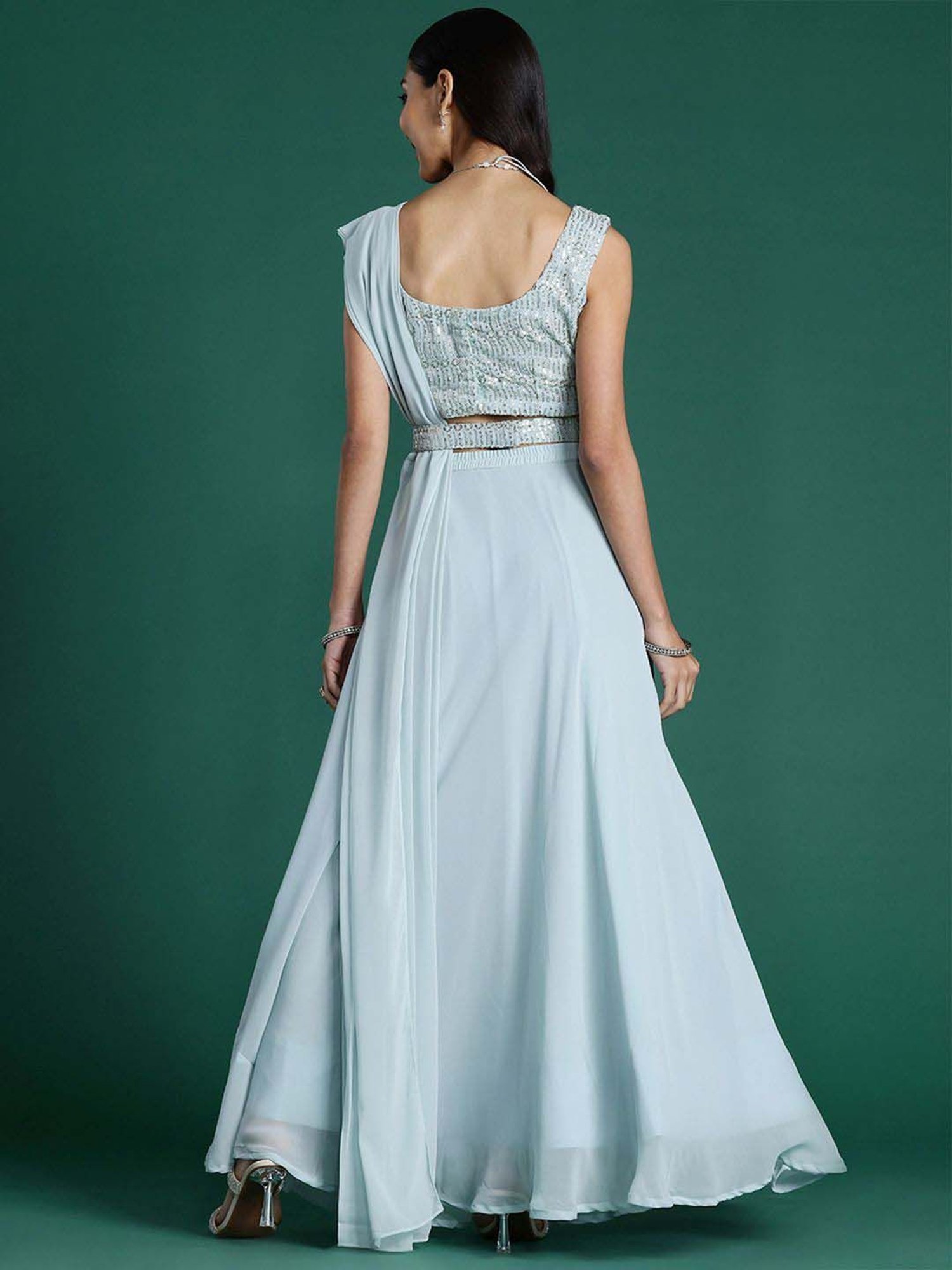 Indo Era Blue Plain Lehenga Choli Set With Dupatta & Belt