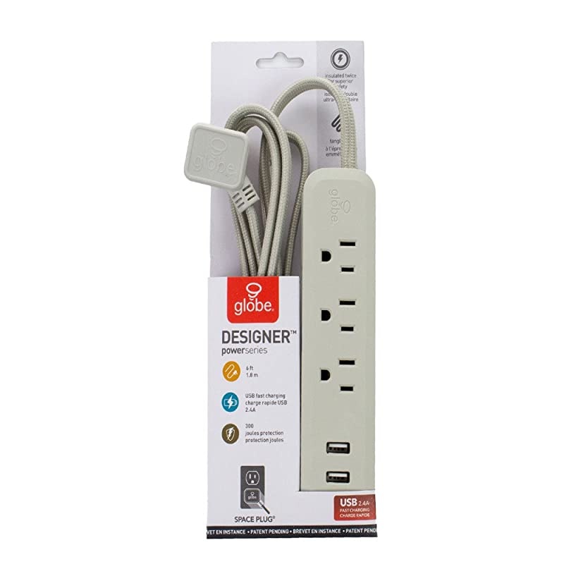 Electric Designer Series 6ft 3Outlet USB Surge Protector Power Strip 2x USB Ports Right Angle Plug Taupe Rubberized Finish 78388