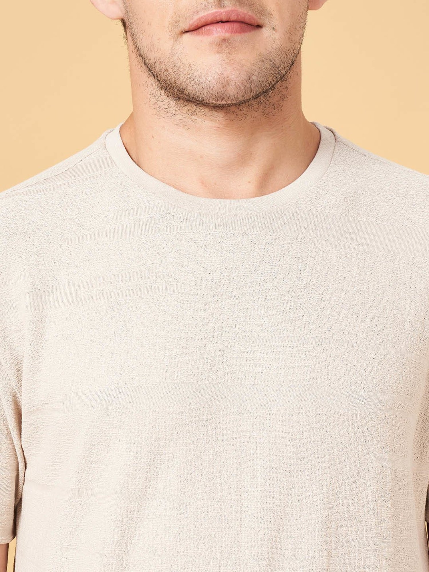 7 Alt by Pantaloons Off White Relaxed Fit Self Pattern T-Shirt