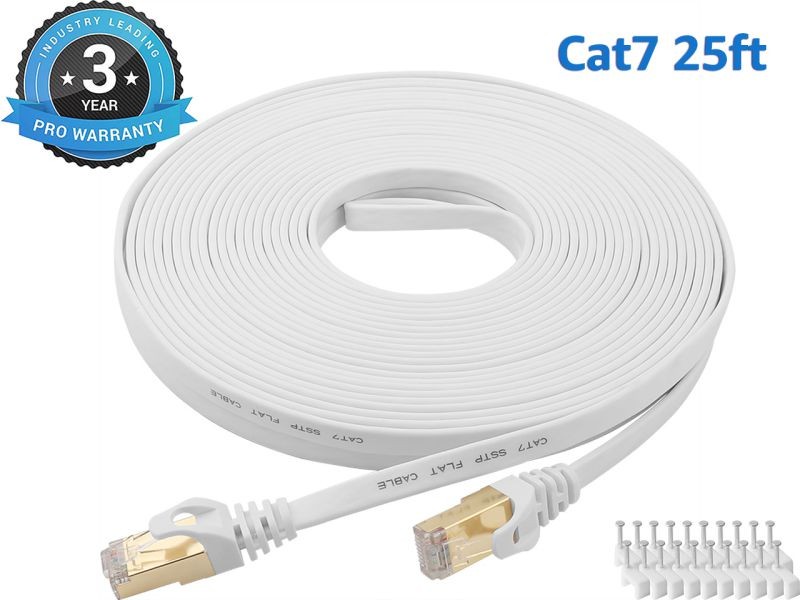 Cat 7 Ethernet Cable 100 ft LAN Cable Internet Network Cord for PS4, Xbox, Router, Modem, Gaming, White Flat Shielded 10 Gigabit RJ45 High Speed Computer Patch Wire.