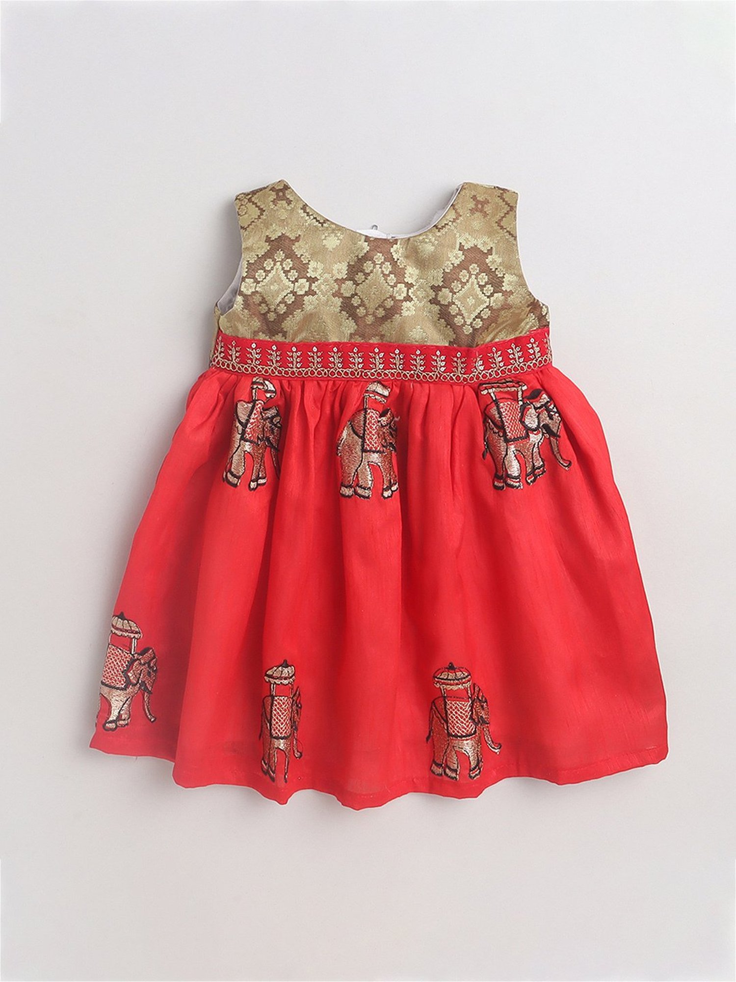 Many Frocks Kids Gold & Red Embroidered Dress