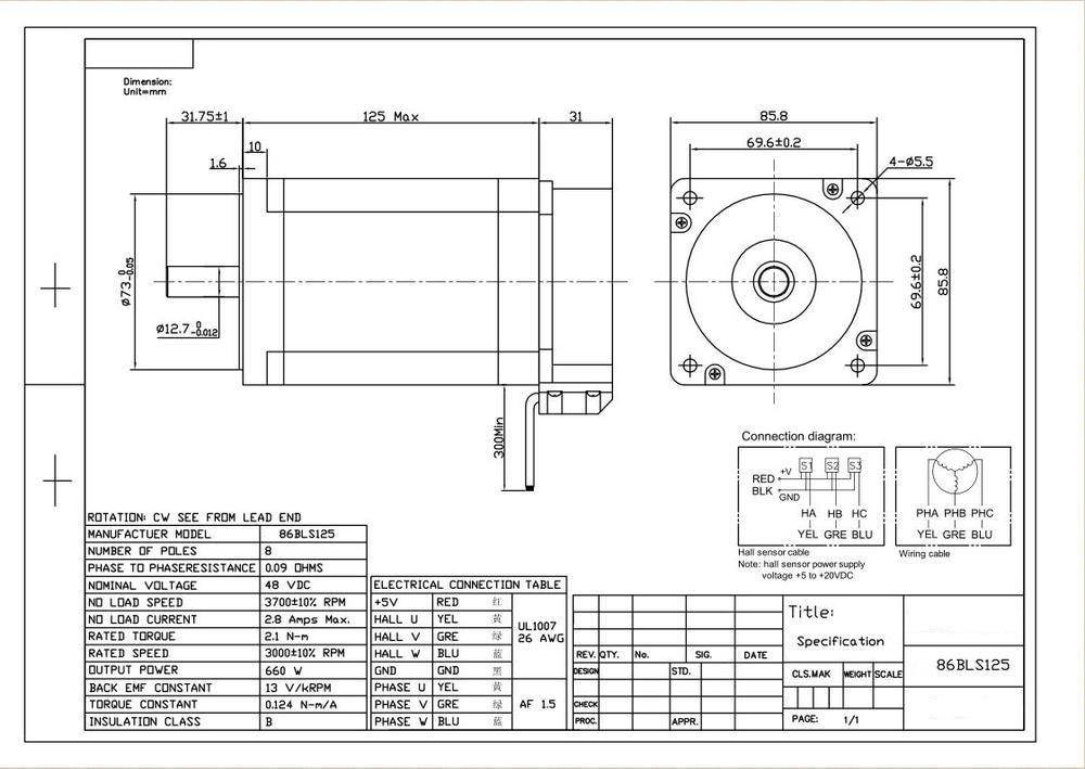 Low Noise 86mm 48V 660W 3000RPM 3 Phase Brushless DC Motor  Length 125mm  NEMA34 86BLS125 Dc motor for Cutting Machine