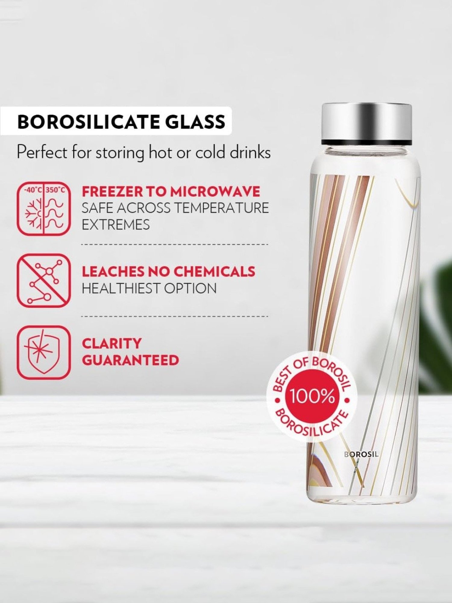 Borosil Water Bottle with Fridge Safe & Leakproof Set of 3 (Transparent, 1000 ml)