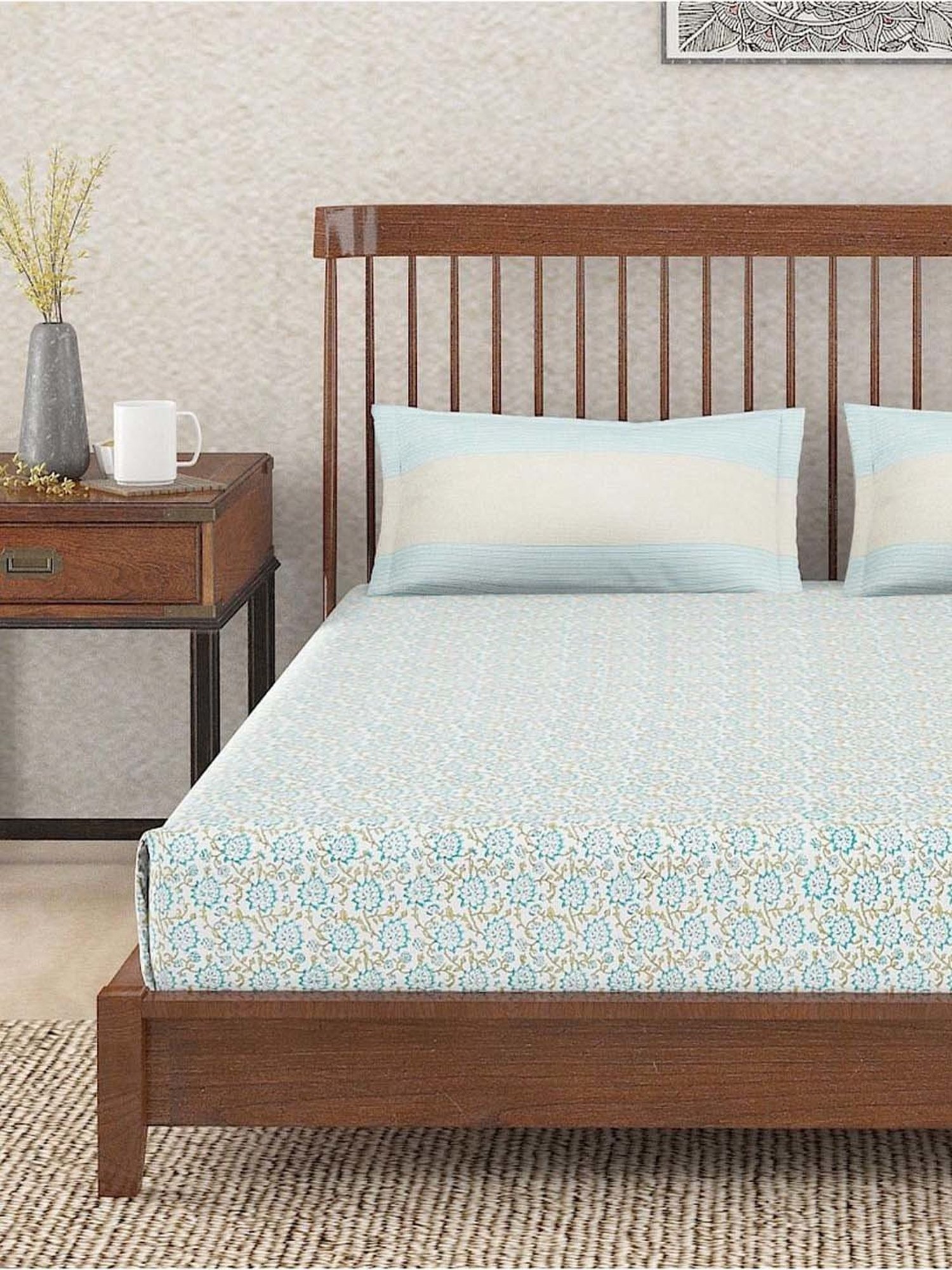 Fabindia Aqua Cotton 180 TC Single Bed Sheet With Pillow Cover