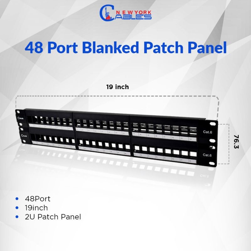 NewYork Cables Unloaded Patch Panel 48 Port 2U HD Blank Keystone Patch Panel - 19 Inches Metal Rack Mount for Cat6 Keystone Jack -  Black-48 Port
