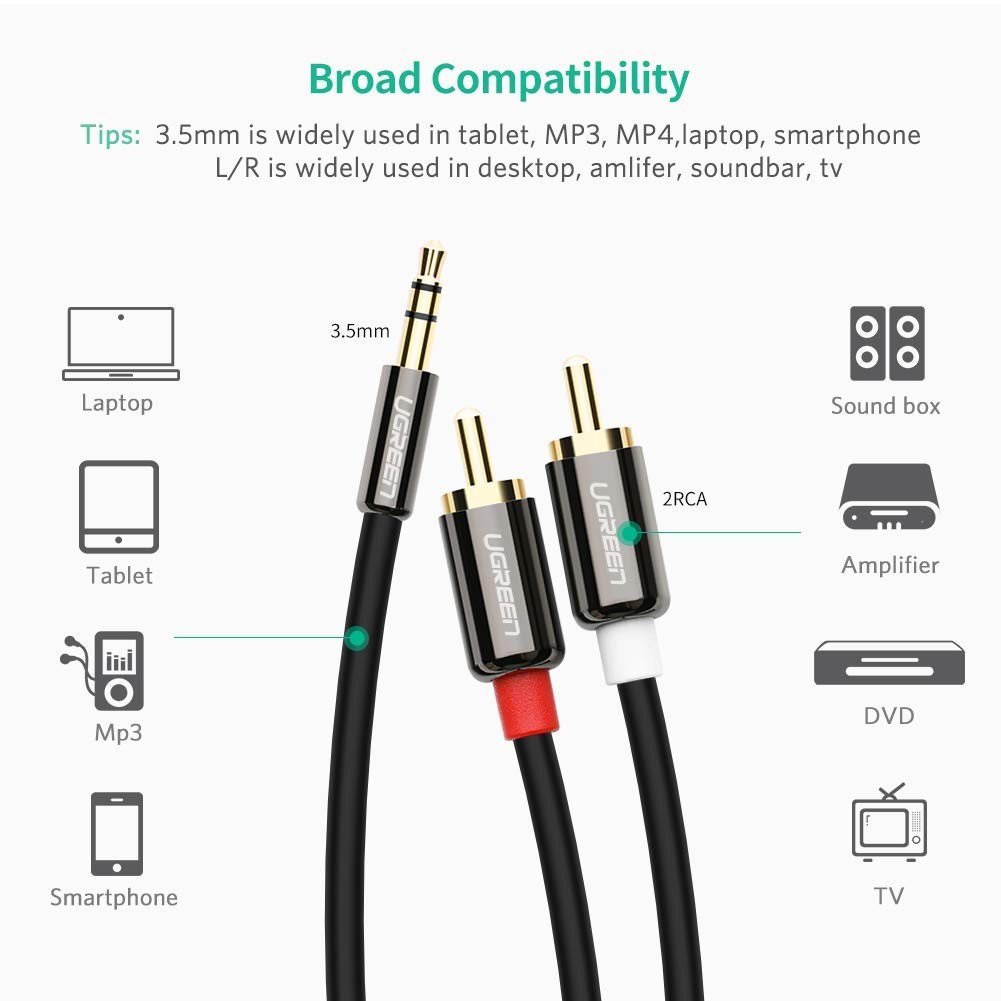 Wanmingtek 3.5mm to 2RCA, 3.5mm Male to 2RCA Male Stereo Audio Adapter Cable Stereo Audio Y Splitter Gold-Plated for Smartphones, MP3, Tablets, Speakers,Home Theater,HDTV- 6.6ft