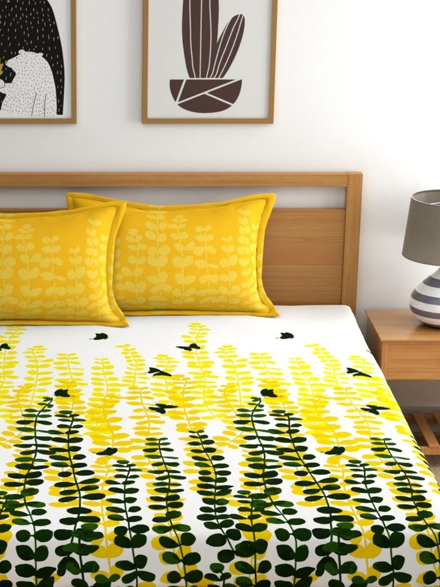My Room Floral Yellow 140 TC Cotton Queen Bed Sheet with 2 Pillow Covers