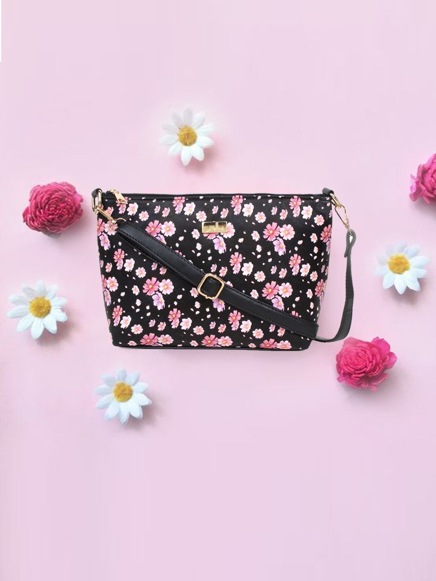 Yelloe Black Floral Medium Cross Body Bag
