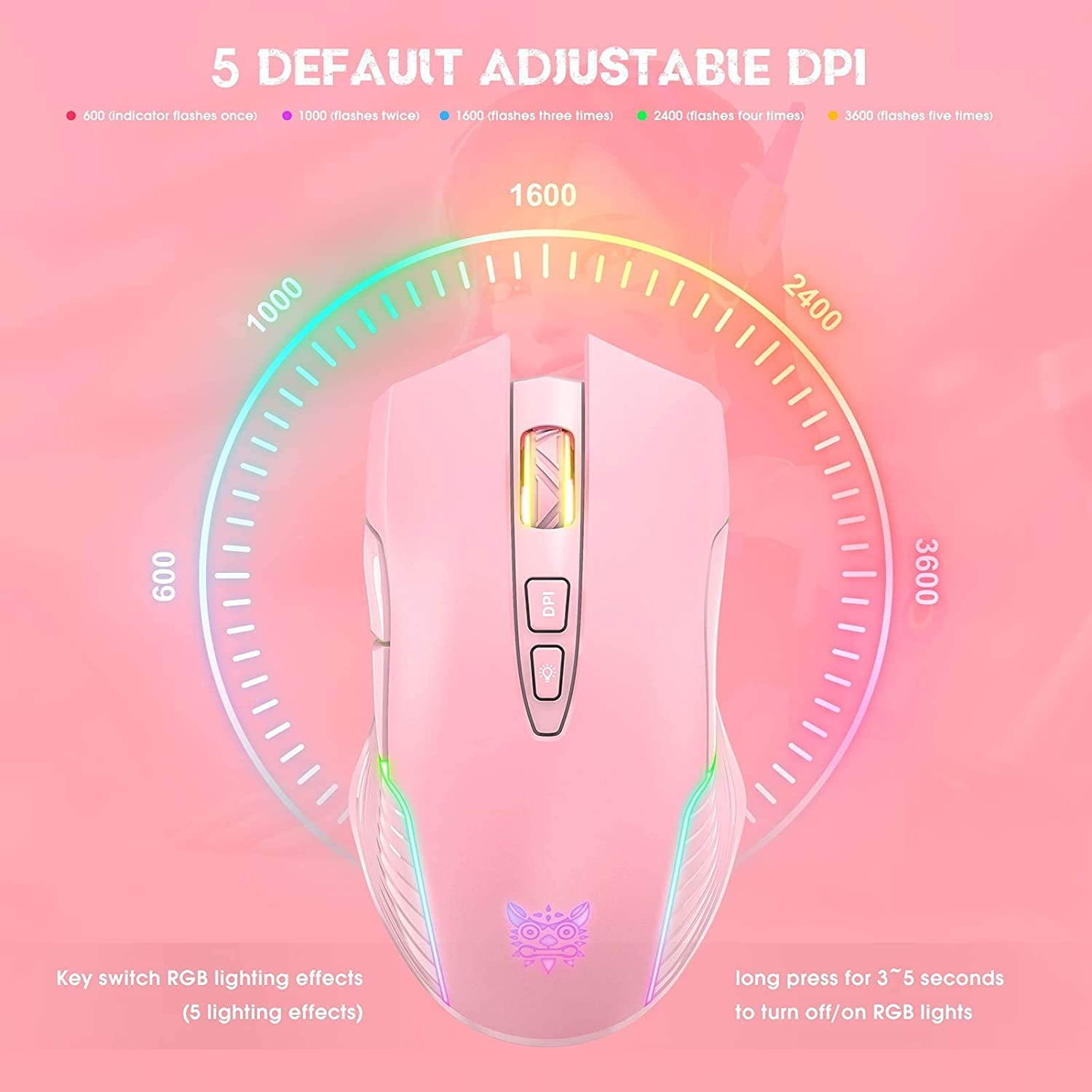 ONIKUMA RGB Wireless Gaming Mouse Rechargeable Computer Mice with RGB Backlit 5 Adjustable DPI Up to 3600 Ergonomic Laptop PC Mouse with 7 Buttons (Not Programmable) for Windows Vista Linux Pink
