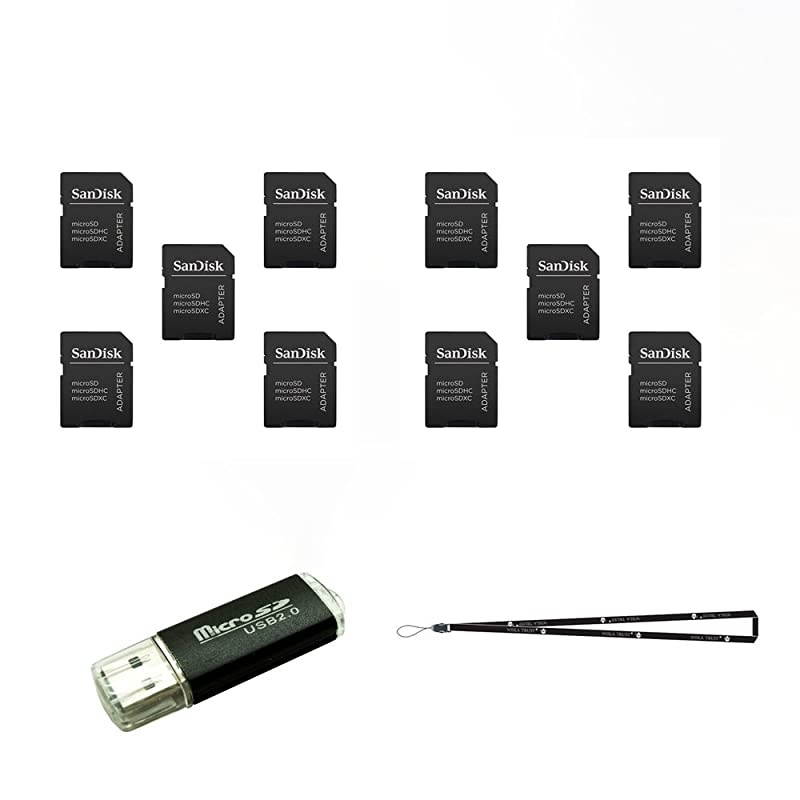10 Pack  MicroSD MicroSDHC to SD SDHC Adapter Works with Memory Cards up to 32GB Capacity Bulk Packaged + SDTF Reader + Wisla Trust TM Lanyard