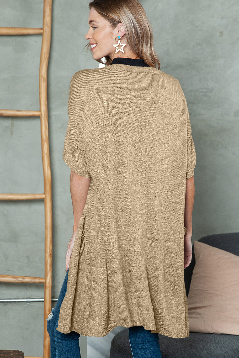 Khaki Dolman Half Sleeve Pocketed Long Cardigan