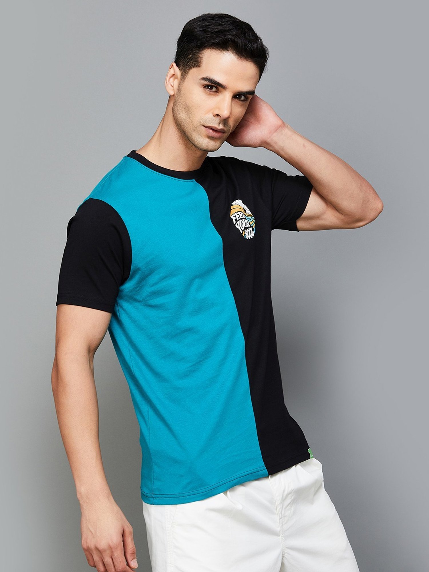 BOSSINI Teal Cotton Regular Fit Colour Block T-Shirt