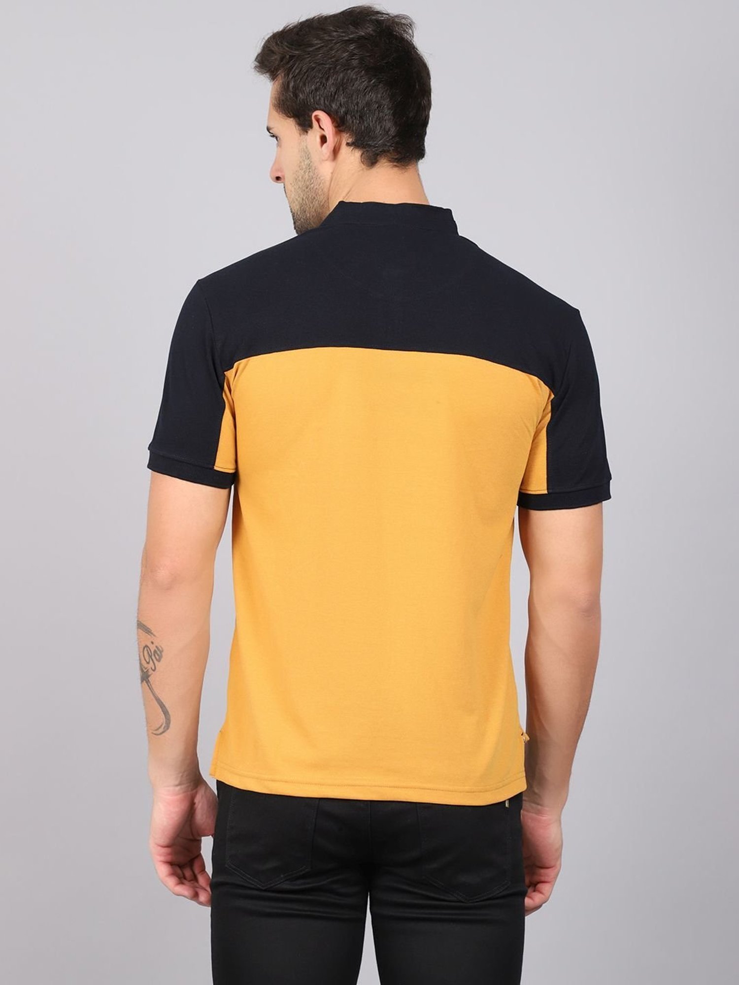 Cantabil Mustard Cotton Regular Fit Striped Polo T-Shirt