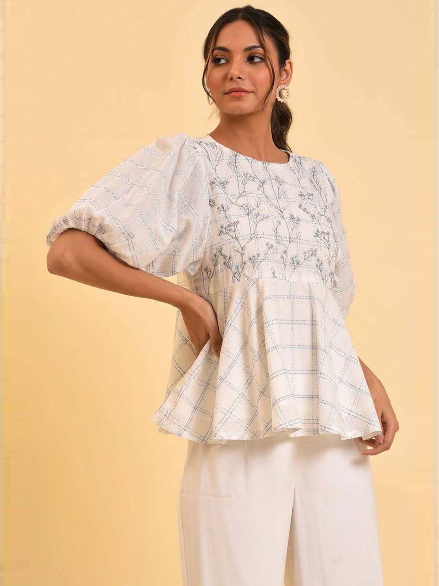 W Off-White Cotton Chequered Top