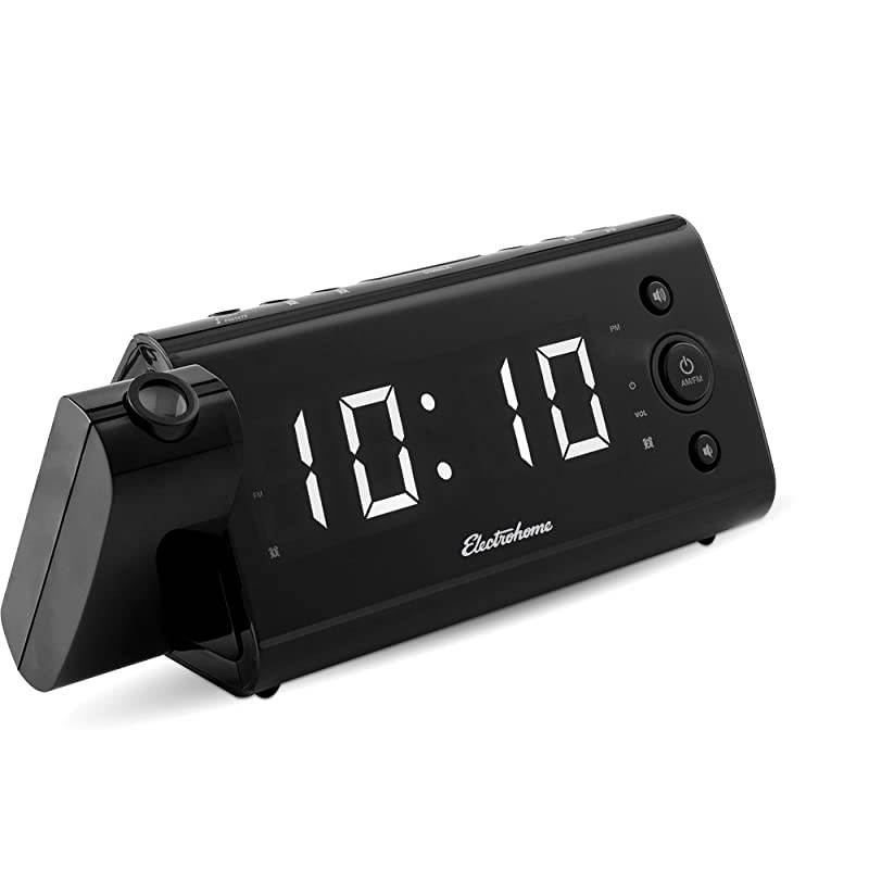 EAAC475W USB Charging Alarm Clock Radio with Time Projection Battery Backup Auto Time Set Dual Alarm 12Inch White LED Display for Smartphones Tablets