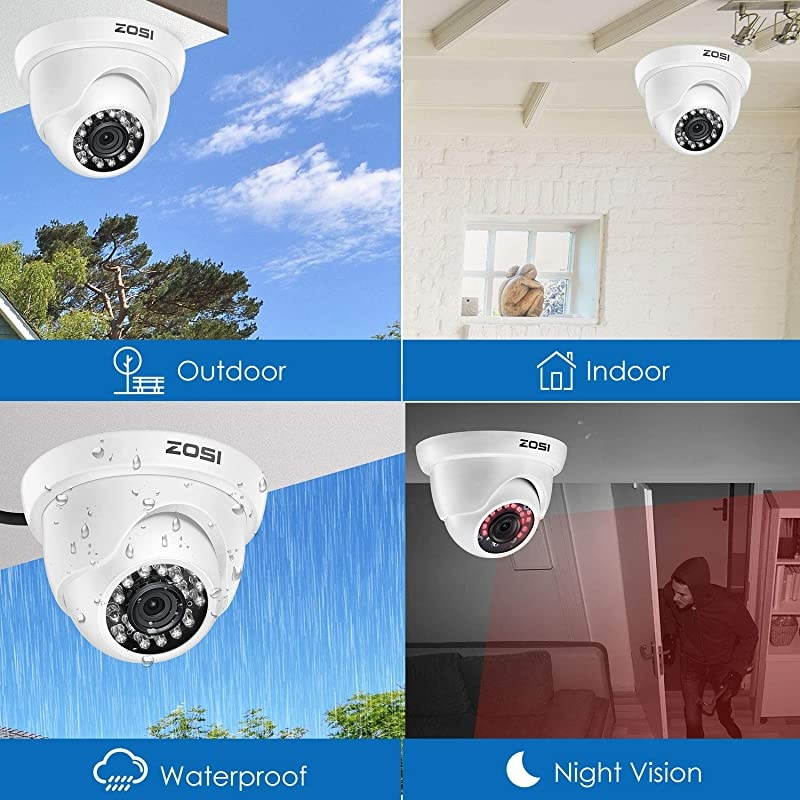 4 Pack HDTVI 1280TVL 720p Home Security Camera Outdoor Indoor Weatherproof Surveillance CCTV Dome Camera with 80ft Long Night Vision and 75&deg; View Angle