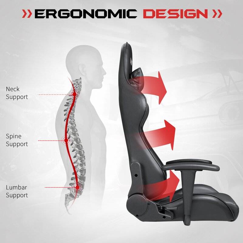 Furmax Gaming Office Chair Ergonomic High-Back Racing Style Adjustable Height Executive Computer Chair, PU Leather Swivel Desk Chair (Black/Grey)