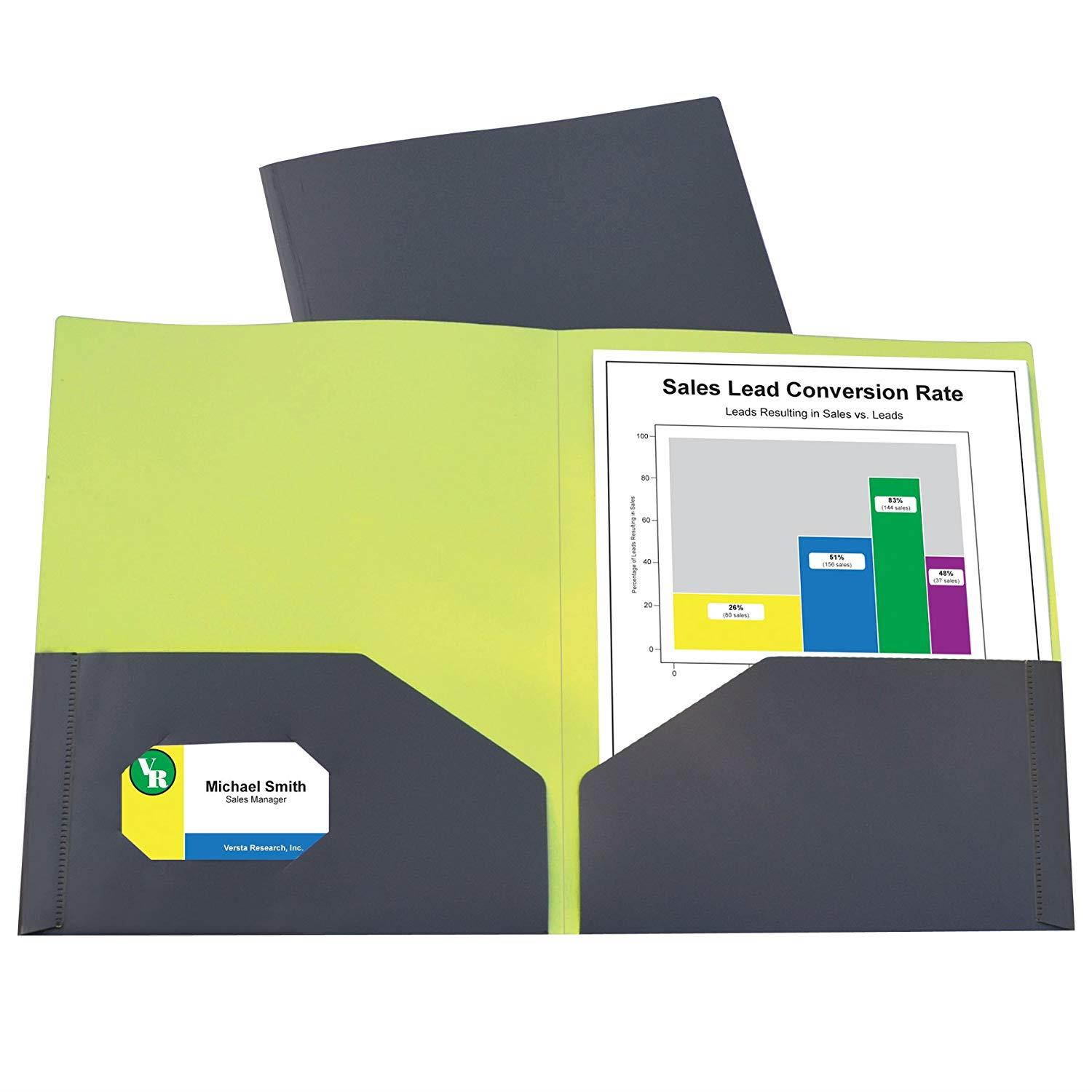 C-Line Two-Tone Pocket Super Heavyweight Poly Portfolio, Pack of 6, Charcoal Gray/Lime Green Interior (34721)
