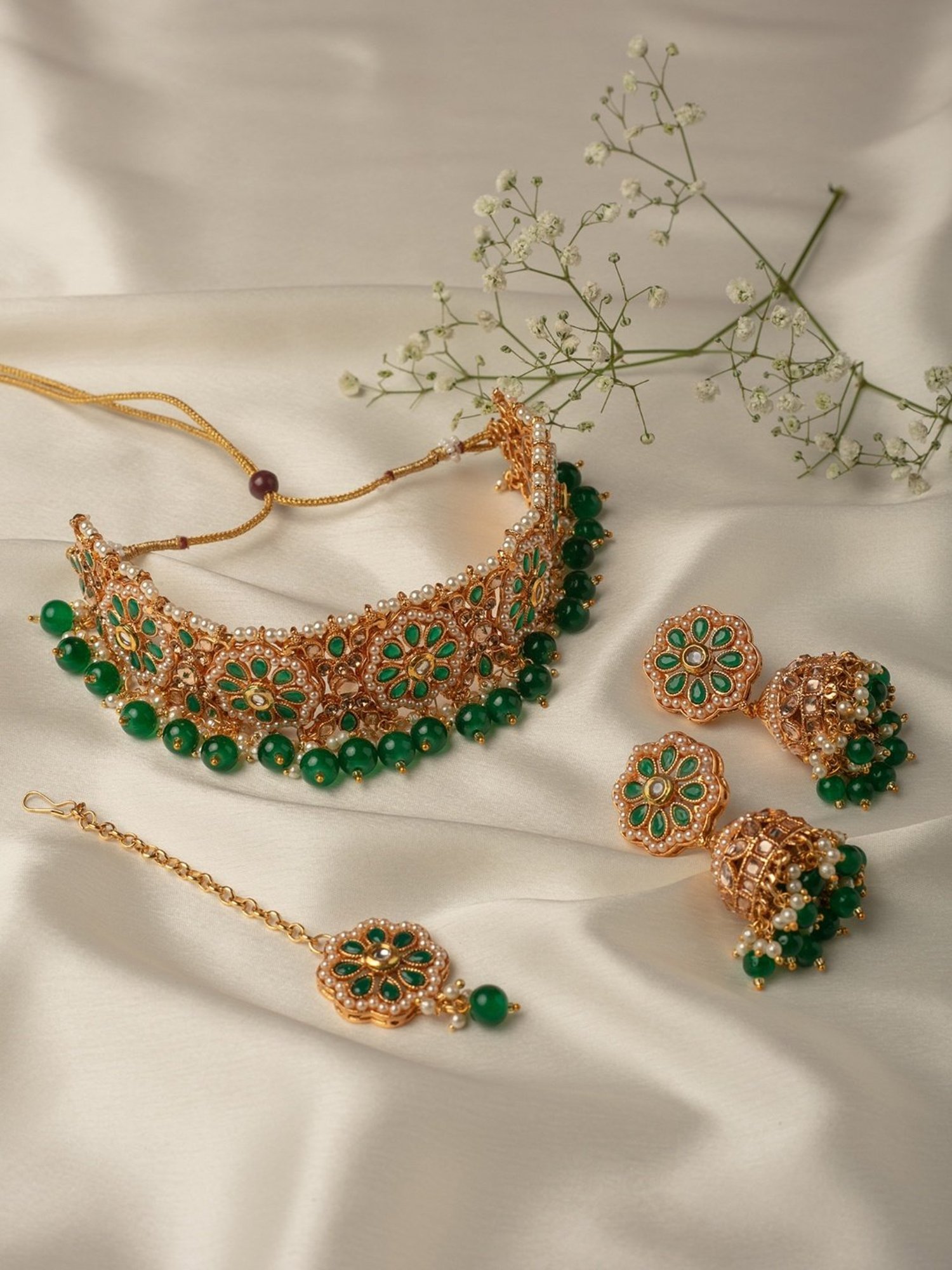 Zaveri Pearls Green Stones & Beads Wedding Collection Necklace Earring & Maangtikka Set-ZPFK10166