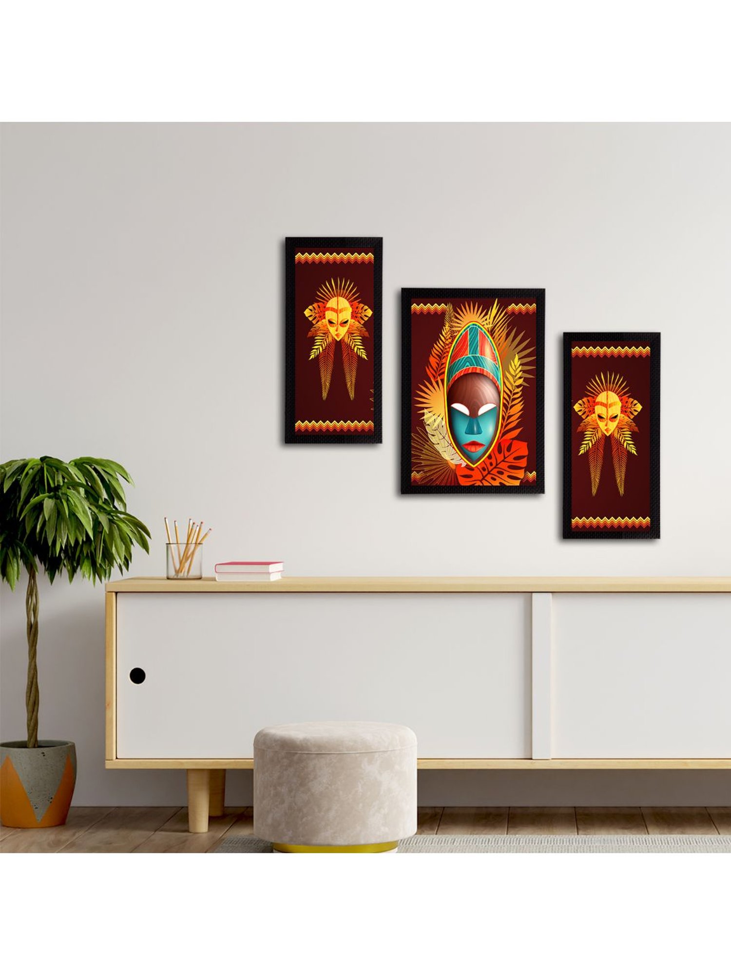 eCraftIndia Set of 3 Tribal Theme Satin Matt Textured UV Art Painting