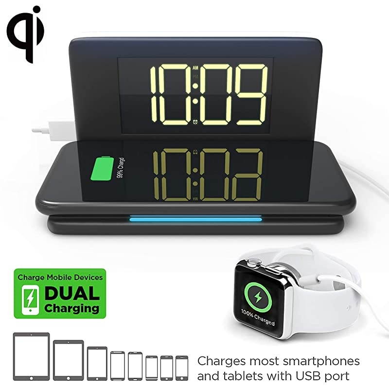 Digital Alarm Clock with Wireless Charging USB Port for Apple WatchTablet 10W75W Qi Wireless Charging Pad for iPhone Samsung AirPods Dimmable Display Night Light Snooze Alarm Clock