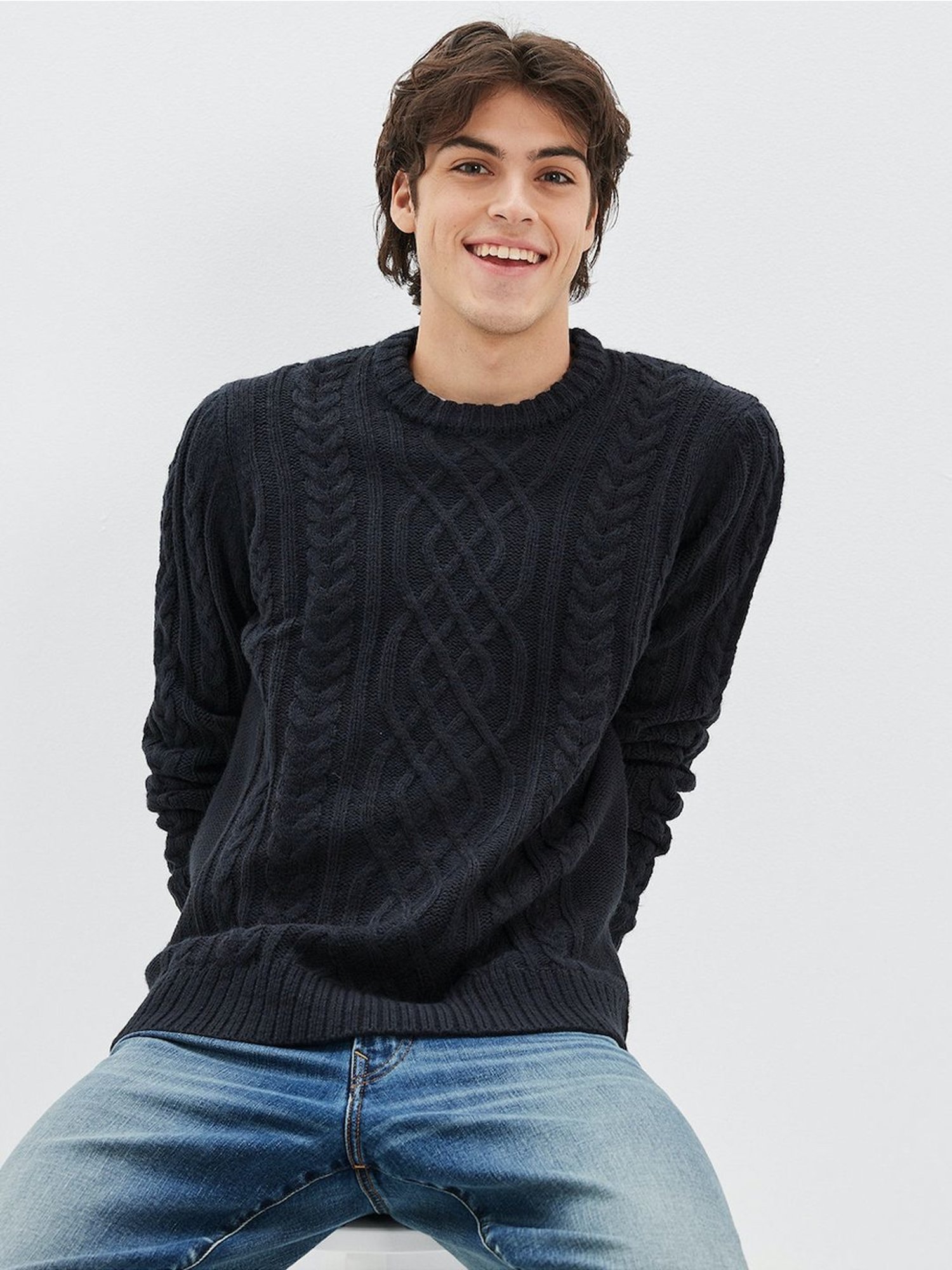 American Eagle Navy Standard Fit Self Pattern Sweater