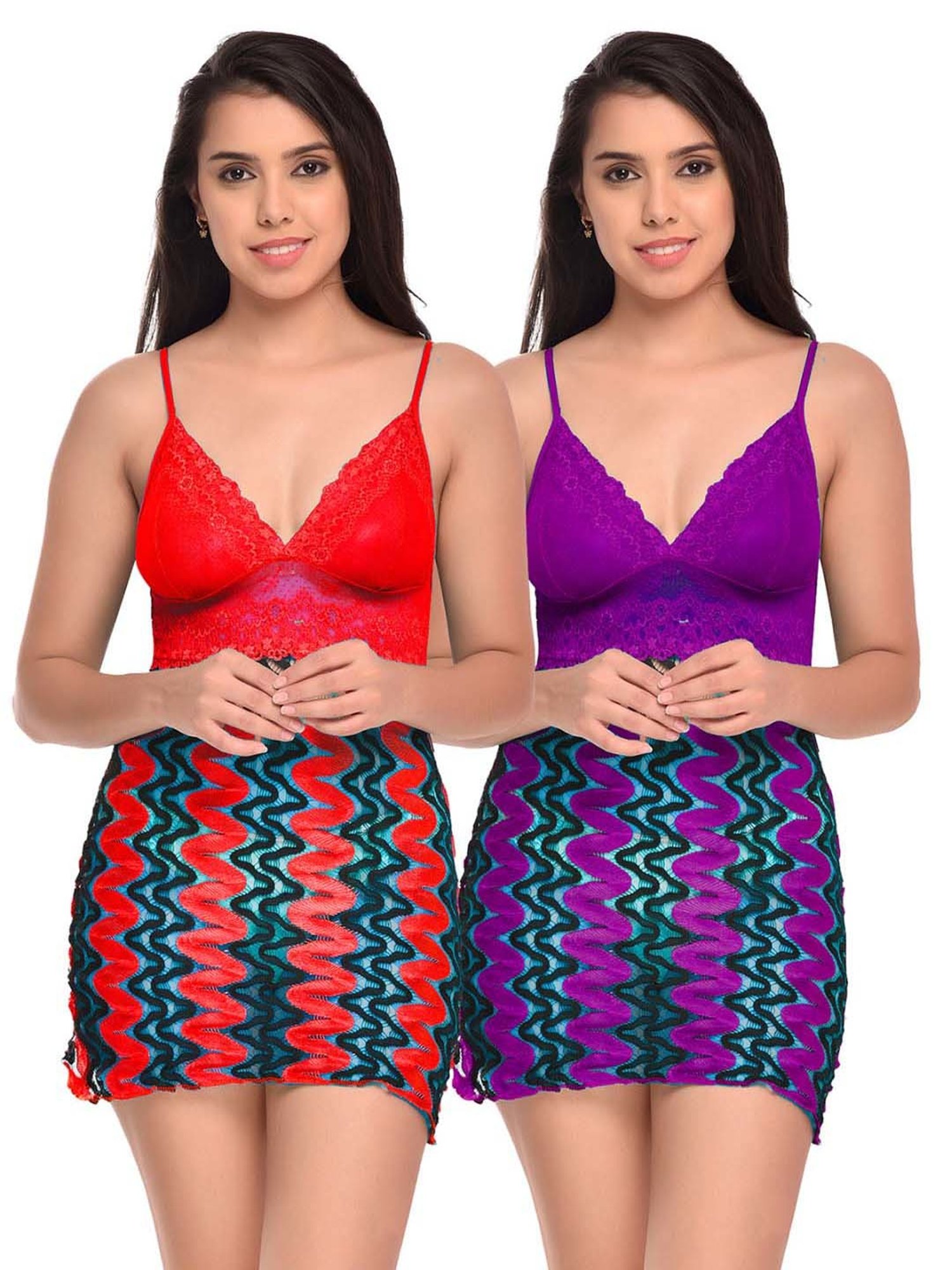 AROUSY Red & Purple Self Pattern Baby Dolls - Pack Of 2