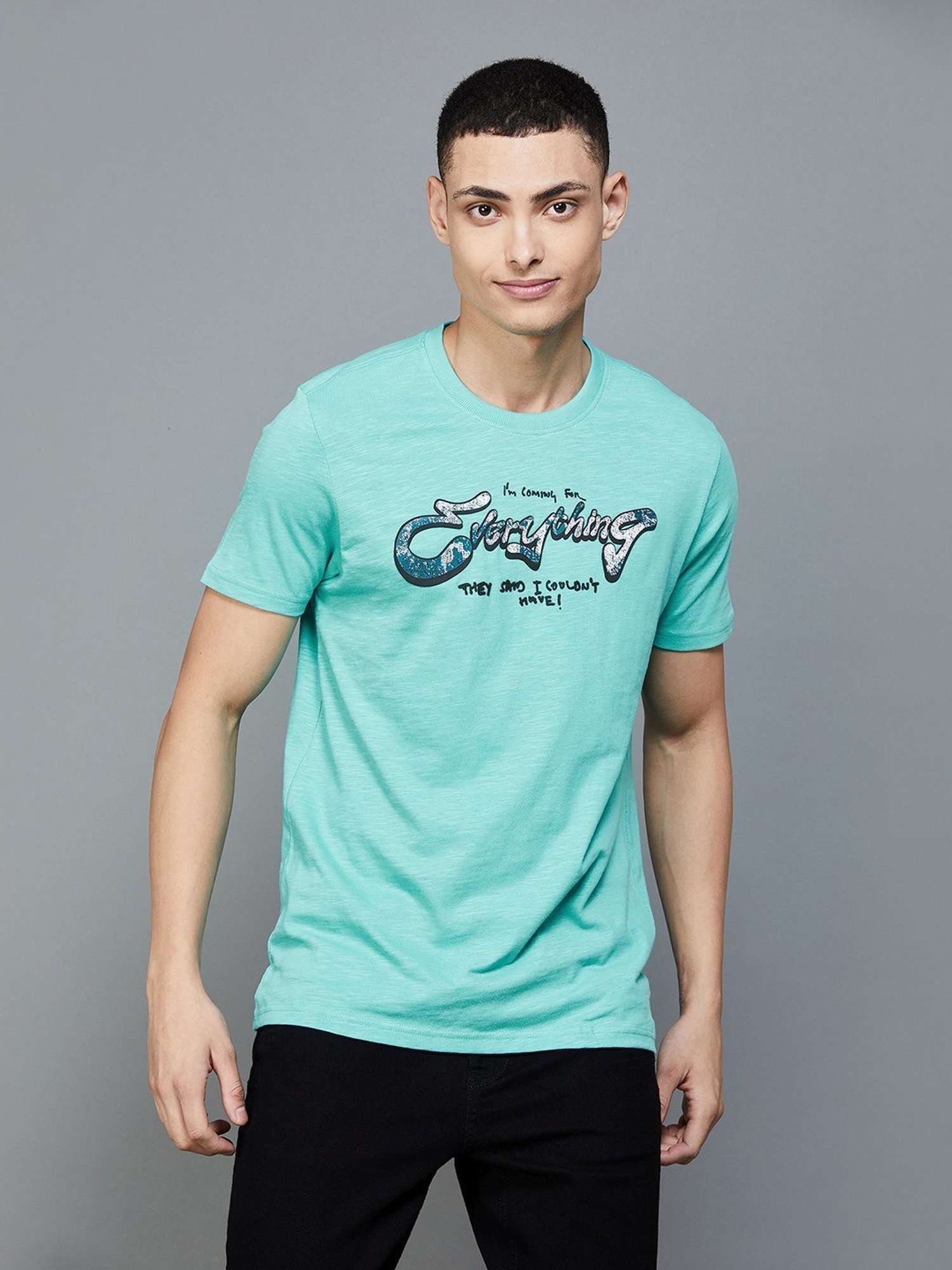 Forca by Lifestyle Turquoise Cotton Slim Fit Printed T-Shirt