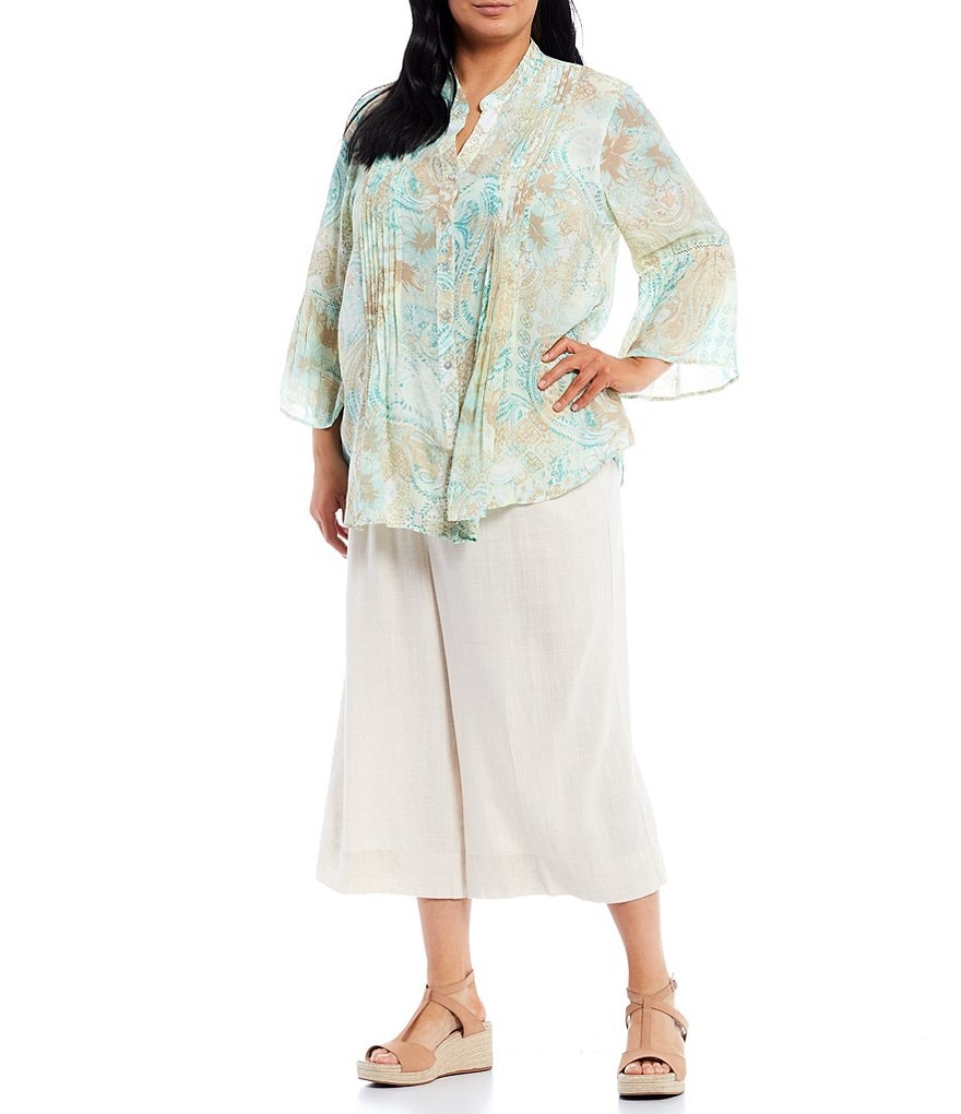 Ruby Rd. Plus Size Paisley Floral Print Split Round Neck 3/4 Bell Sleeve Button Front Top