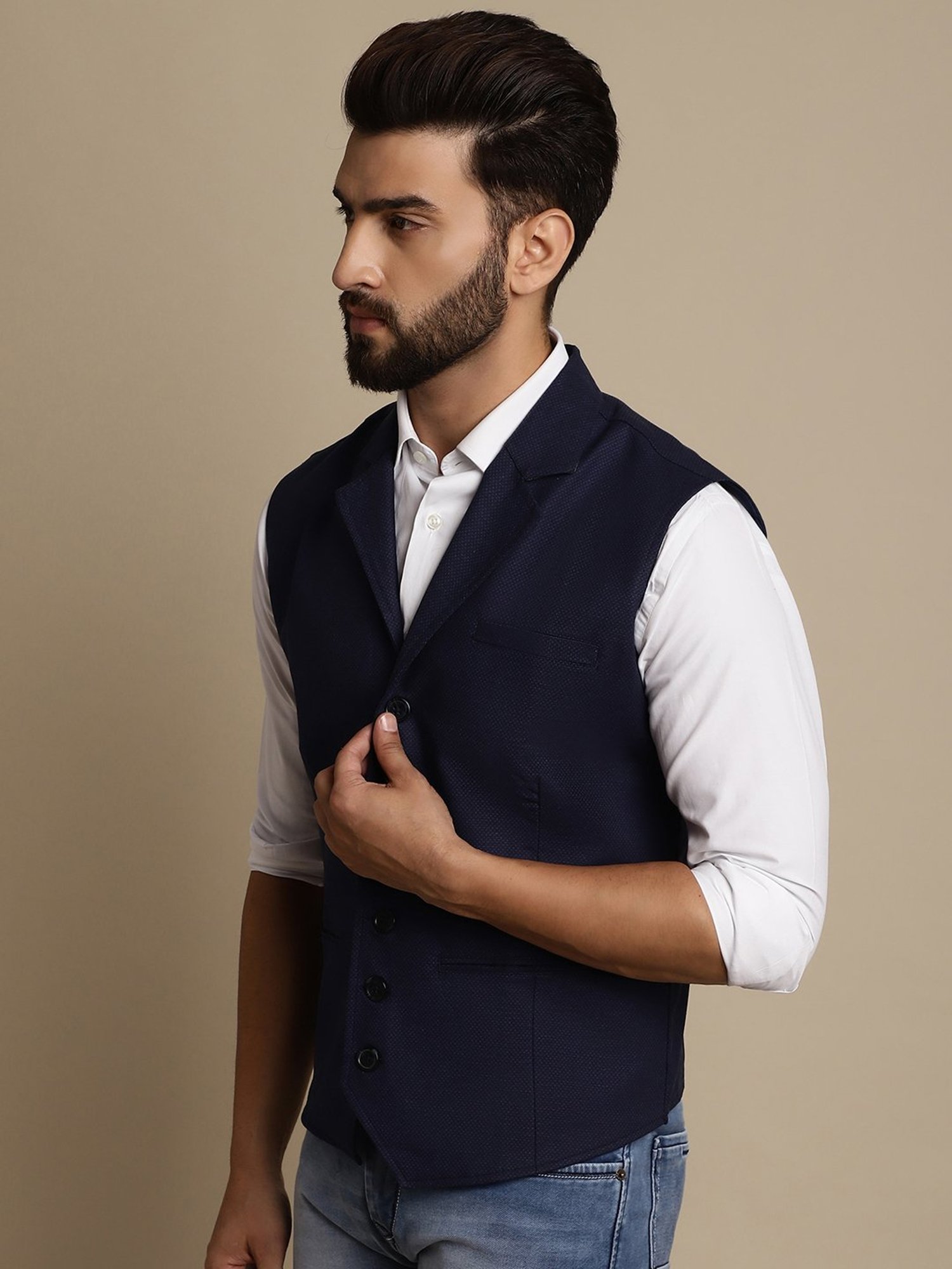 Even Navy Regular Fit Self Design Notch Lapel Waistcoat