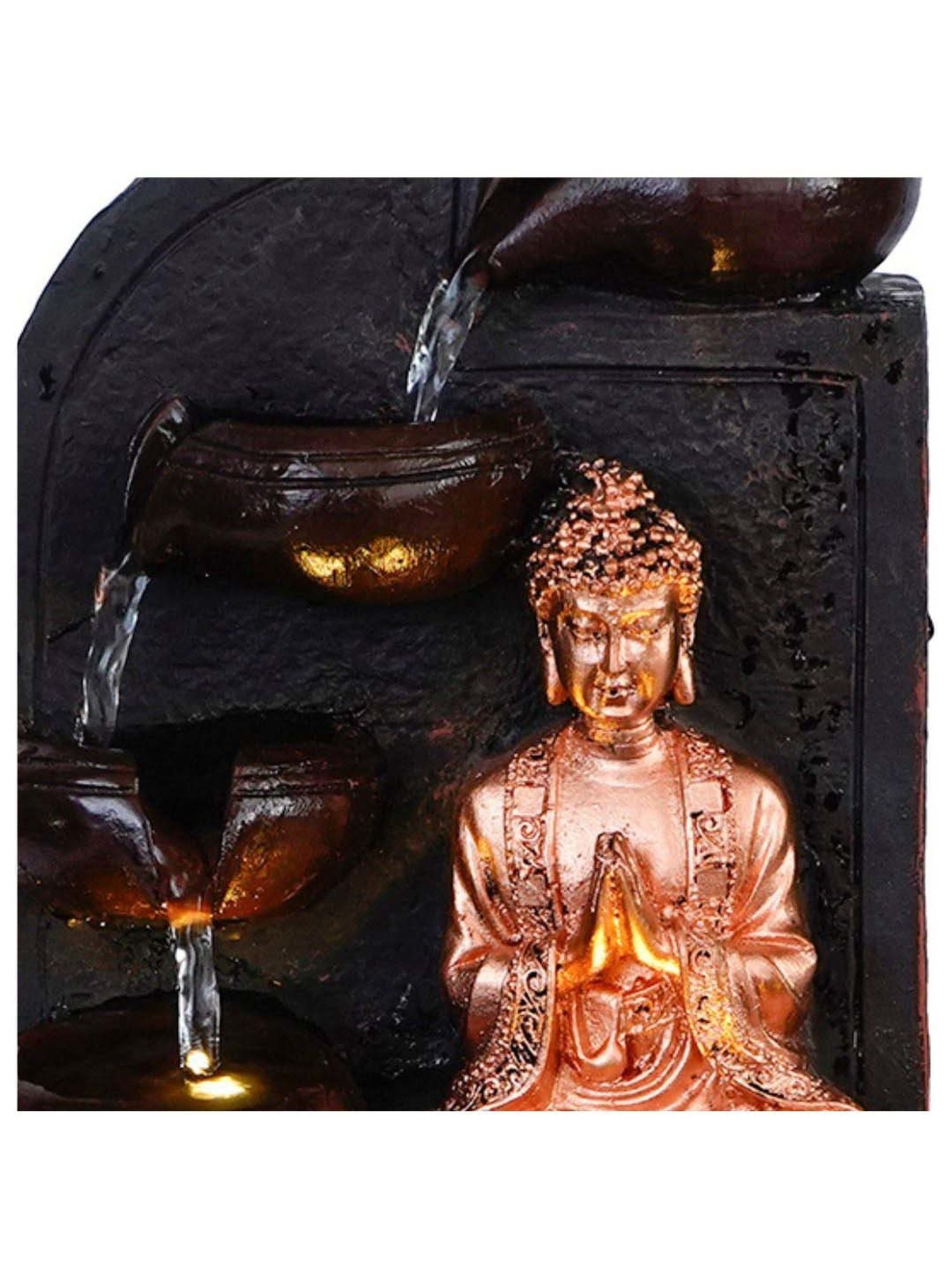 CHRONIKLE Brown & Golden Polyresin Namaskara Mudra Buddha 3 Steps Waterfall Fountain