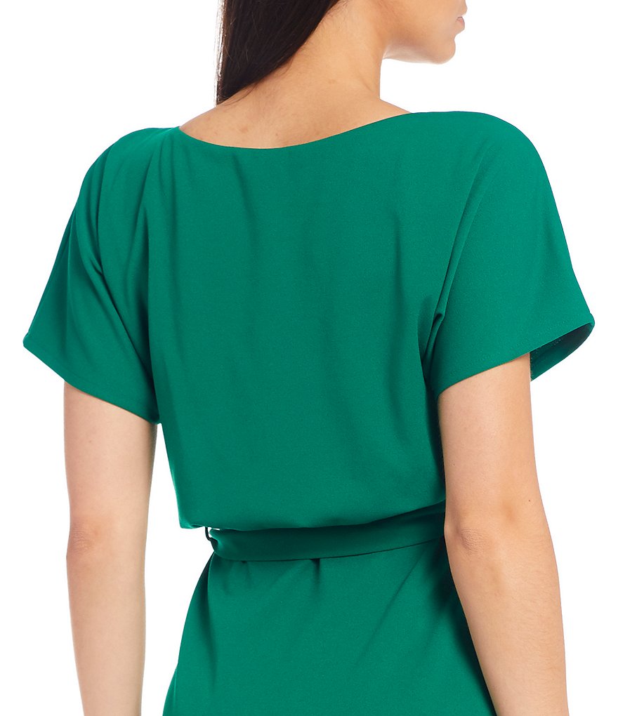 Kensie Textured Knit Boat Neck Tie Waist Short Sleeve Blouson Dress