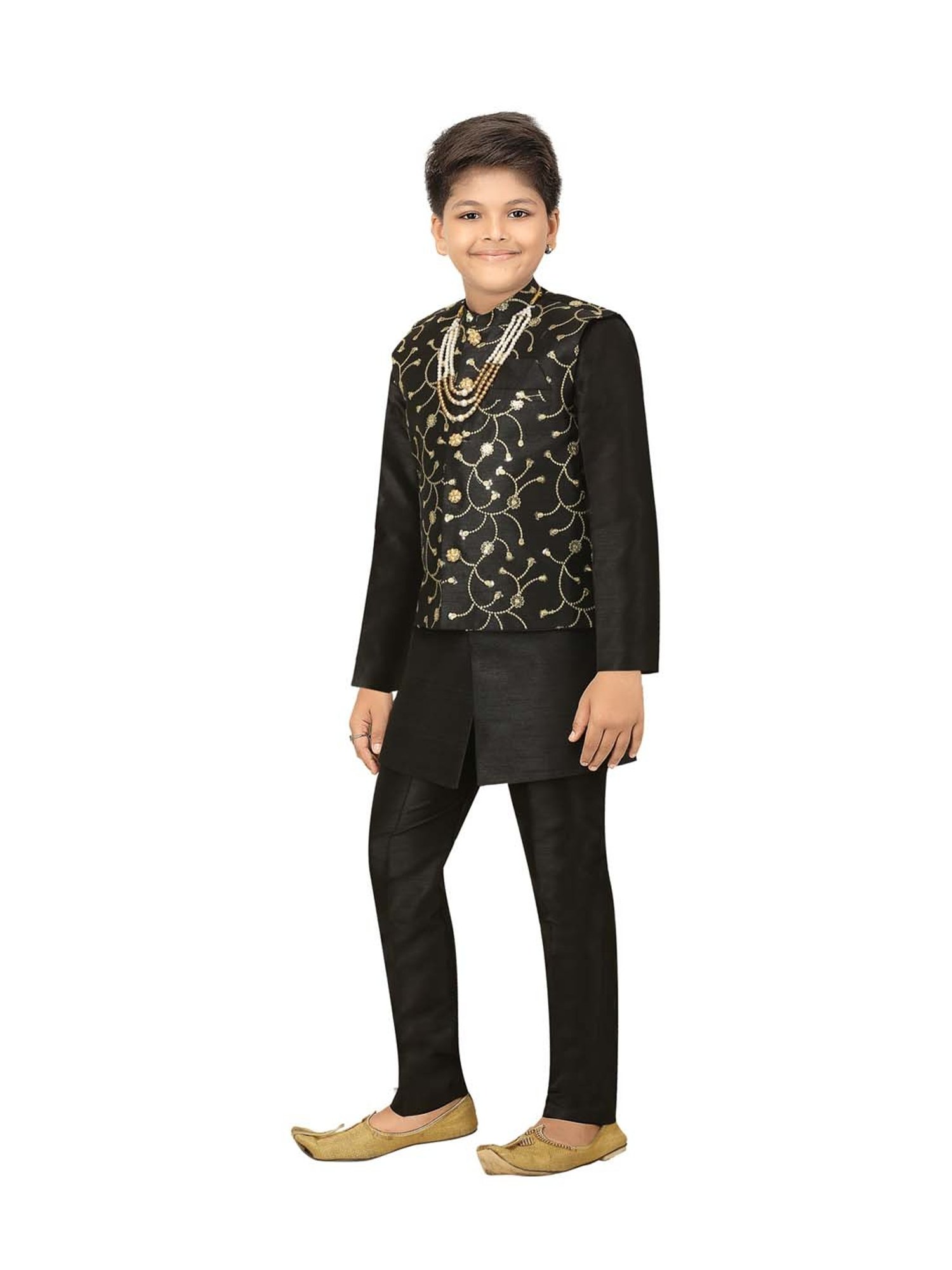 Ahhaaaa Kids Black Cotton Embroidered Full Sleeves Kurta Set